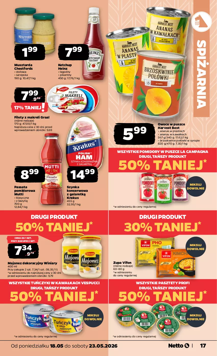Gazetka promocyjna Netto - Od Poniedziałku - ważna 18.05 do 23.05.2026 - strona 17 - produkty: Ananas, Ananas w plastrach, Bazyl, Brzoskwinie, Gala, Gra, Graal, Heinz, Kawa, Ketchup, Krakus, Majonez, Mus, Musztarda, Owoce, Pasztet, Pomidory, Ser, Syrop, Szynka, Szynka konserwowa, Tuńczyk, Winiary, Zupa
