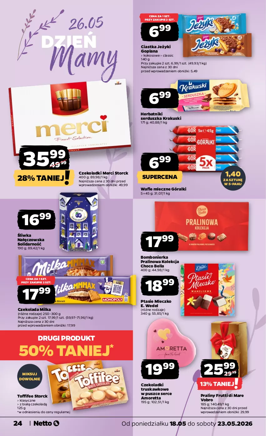 Gazetka promocyjna Netto - Od Poniedziałku - ważna 18.05 do 23.05.2026 - strona 24 - produkty: Bell, Bella, Ciastka, Czekolada, E. Wedel, Goplana, Góralki, Herbatniki, Jeżyki, Kokos, Krakus, Krakuski, LANA, Merci, Milka, Mleczko, Praliny, Ptasie mleczko, Ser, Toffifee, Wafle