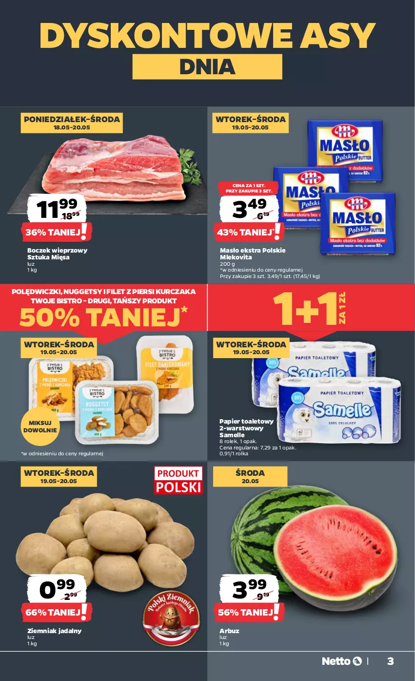Gazetka promocyjna Netto - Od Poniedziałku - ważna 18.05 do 23.05.2026 - strona 3 - produkty: Arbuz, Boczek, Boczek wieprzowy, Filet z piersi kurczaka, Kurczak, Masło, Mleko, Mlekovita, Papier, Papier toaletowy