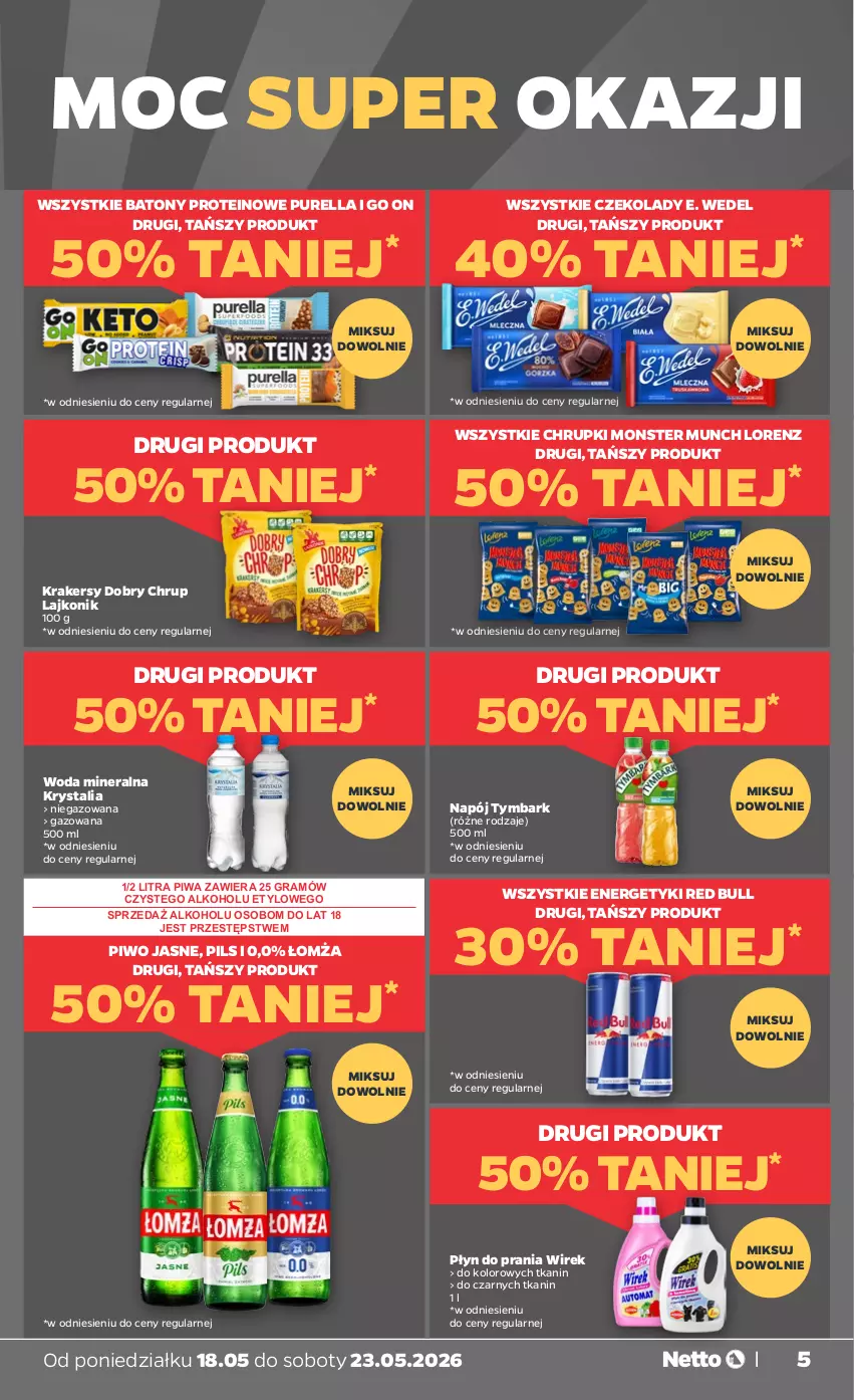 Gazetka promocyjna Netto - Od Poniedziałku - ważna 18.05 do 23.05.2026 - strona 5 - produkty: Baton, Chrupki, E. Wedel, Gra, Krakersy, Lajkonik, Lorenz, Monster Munch, Napój, Piwa, Piwo, Piwo jasne, Płyn do prania, Pur, Red Bull, Tymbark, Woda, Woda mineralna