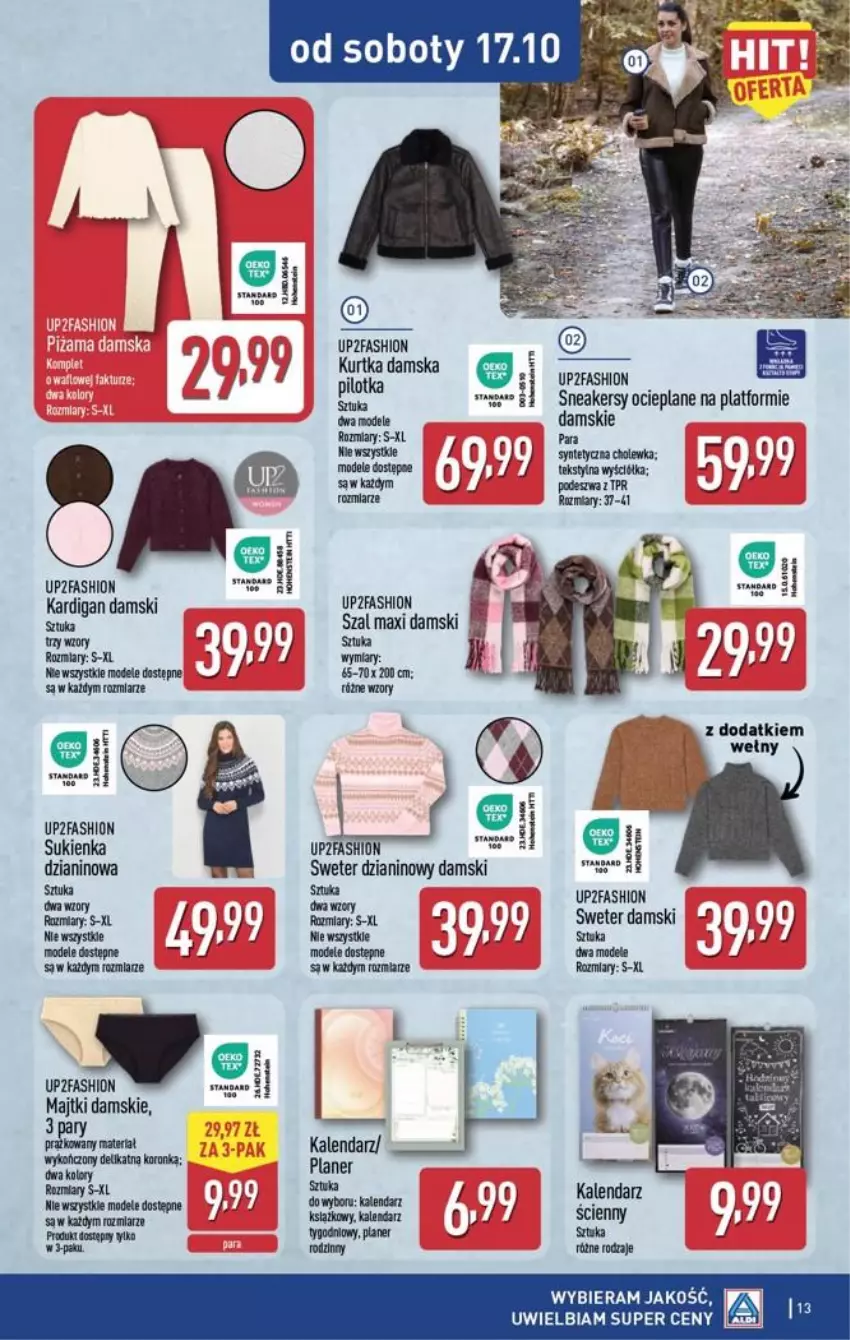 Gazetka promocyjna Aldi - Przygotuj się na kolejny tydzień! - ważna 14.10 do 17.10.2026 - strona 13 - produkty: Fa, Kalendarz, Kardigan, Kurtka, Majtki, Sneakersy, Sukienka, Sweter, Szal