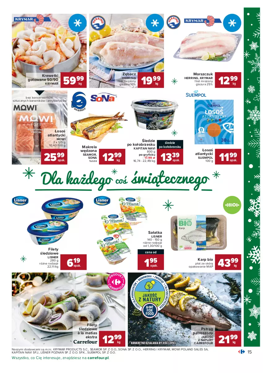 Gazetka promocyjna Carrefour - Gazetka Carrefour Okazje grudnia - ważna 01.12 do 31.12.2021 - strona 15 - produkty: Glazura, Gry, Karp, Krewetki, Lazur, Lisner, Pstrąg, Sałat, Sałatka, Ser, Suempol, Tusz