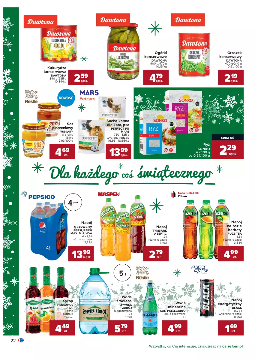 Gazetka promocyjna Carrefour - Gazetka Carrefour Okazje grudnia - ważna 01.12 do 31.12.2021 - strona 22 - produkty: Dawtona, Groszek, Herbapol, Kukurydza, Kukurydza konserwowa, Lack, LANA, Mars, Mirinda, Napój, Napój energetyczny, Napój gazowany, Ogórki konserwowe, Pepsi, Pepsi max, Piec, Ryż, Ser, Sonko, Sos, Sos pieczeniowy, Sucha karma, Syrop, Tymbark, Winiary, Woda, Woda mineralna