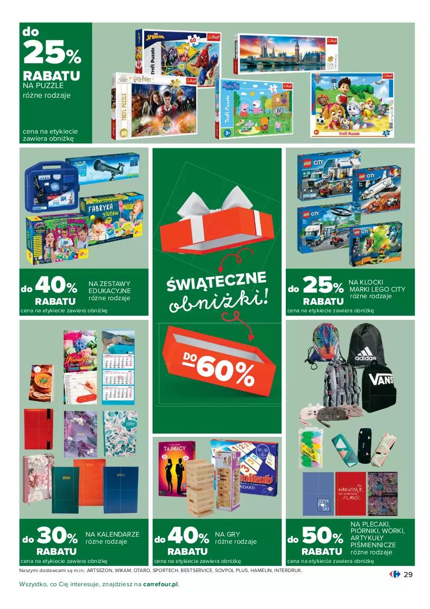 Gazetka promocyjna Carrefour - Gazetka Carrefour Okazje grudnia - ważna 01.12 do 31.12.2021 - strona 29 - produkty: Gry, Kalendarz, Klocki, LEGO, LEGO City, Piórnik, Plecak, Por, Puzzle, Ser, Sport