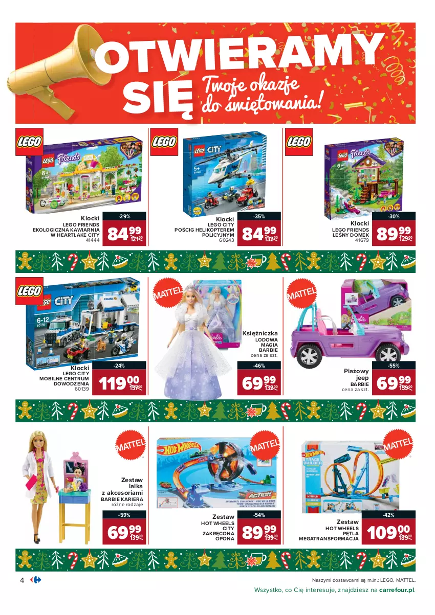 Gazetka promocyjna Carrefour - Gazetka Carrefour Okazje grudnia - ważna 01.12 do 31.12.2021 - strona 4 - produkty: Barbie, Helikopter, Hot Wheels, Klocki, Lalka, LEGO, LEGO City, LEGO Friends, Mattel, Mobil, Rum, Tran