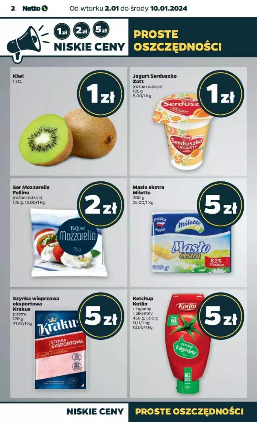 Gazetka promocyjna Netto - ważna 02.01 do 10.01.2024 - strona 12 - produkty: Jogurt, Ketchup, Kiwi, Kotlin, Krakus, Masło, Mozzarella, Por, Ser, Sport, Szynka, Szynka wieprzowa, Zott