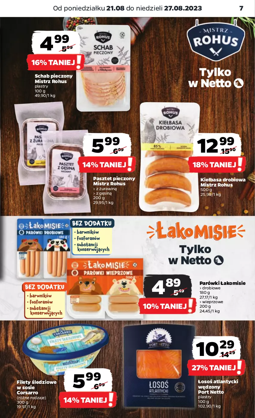 Gazetka promocyjna Netto - Artykuły spożywcze - ważna 21.08 do 27.08.2023 - strona 7 - produkty: Kiełbasa, Parówki, Pasztet, Piec, Por, Schab pieczony, Sos