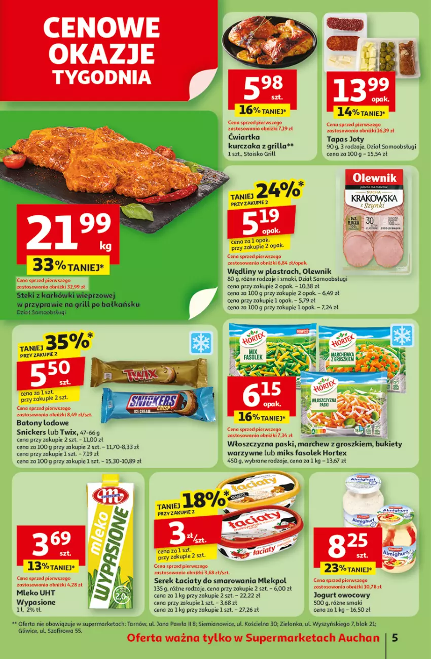 Gazetka promocyjna Auchan - Pewność niskich cen Supermarket - ważna 07.08 do 13.08.2025 - strona 5 - produkty: Baton, Bukiet, Fa, Grill, Hortex, Jogurt, Jogurt owocowy, Kurczak, Mleko, Nioh, Olewnik, Ser, Serek, Snickers, Twix