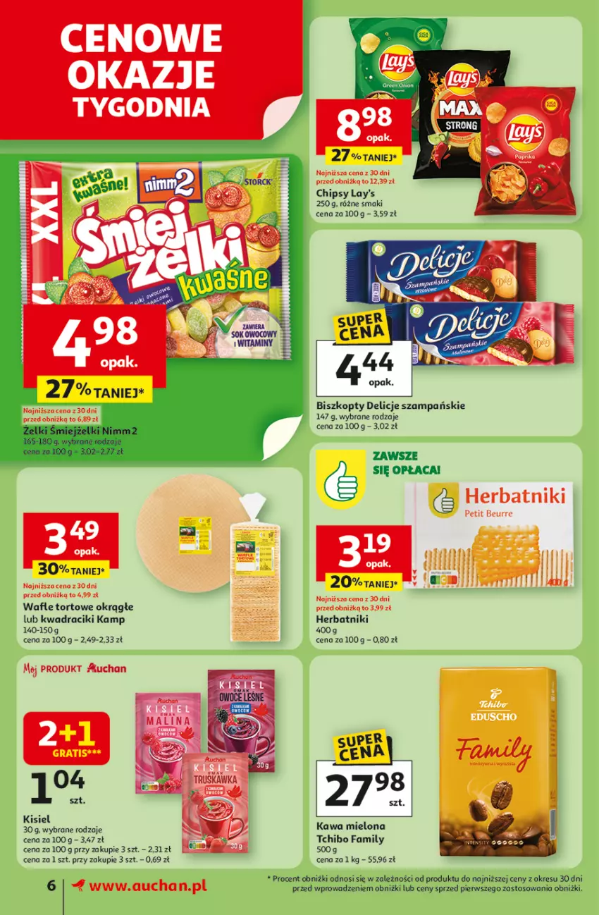 Gazetka promocyjna Auchan - Pewność niskich cen Supermarket - ważna 07.08 do 13.08.2025 - strona 6 - produkty: Biszkopty, Chipsy, Delicje, Fa, Herbatniki, Kawa, Kawa mielona, Kisiel, Tchibo, Tchibo Family, Wafle, Wafle tortowe