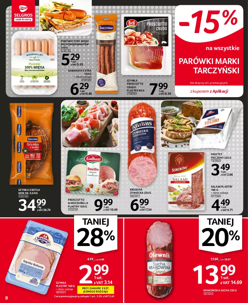 Gazetka promocyjna Selgros - Oferta spożywcza - ważna 27.12.2021 do 05.01.2022 - strona 8 - produkty: Kabanos, Kiełbasa, Mozzarella, Parówki, Pasztet, Piec, Prosciutto, Salami, Ser, Szynka, Tarczyński