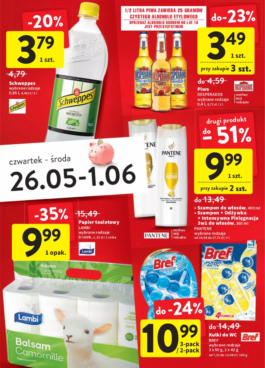 Gazetka promocyjna Intermarche - Dzien matki - ważna 25.05 do 01.06.2022 - strona 15 - produkty: Bref, Desperados, Gra, Kulki do wc, Odżywka, Pantene, Papier, Papier toaletowy, Piwa, Piwo, Schweppes, Szampon