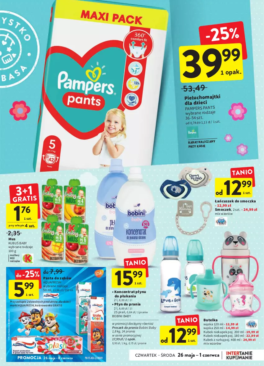 Gazetka promocyjna Intermarche - Dzien matki - ważna 25.05 do 01.06.2022 - strona 31 - produkty: Aquafresh, Dzieci, Gra, Kolorowanka, Kubek, Kubuś, Majtki, Mus, Pampers, Pasta do zębów, Pieluchomajtki, Płyn do prania, Proszek do prania