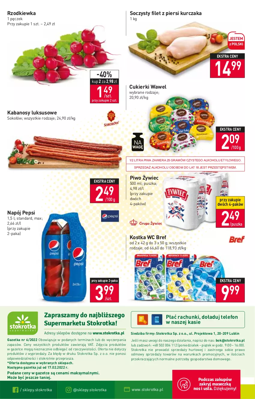 Gazetka promocyjna Stokrotka - Supermarket - ważna 10.02 do 16.02.2022 - strona 16 - produkty: Bref, Cukier, Cukierki, Filet z piersi kurczaka, Gra, Kabanos, Kurczak, Napój, O nas, Pepsi, Piwa, Piwo, Rzodkiewka, Sok, Sokołów, Telefon, Wagi, Wawel