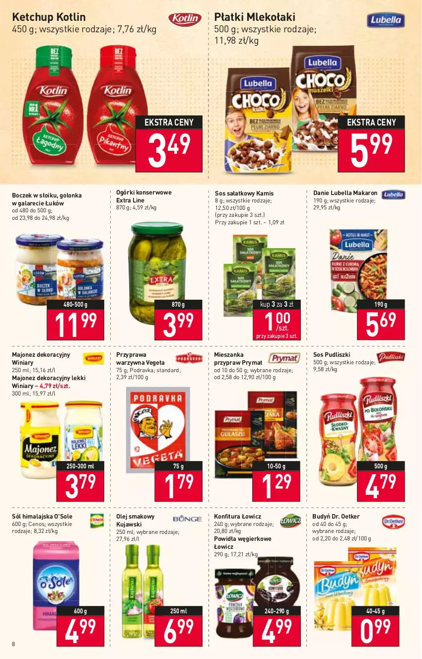 Gazetka promocyjna Stokrotka - Supermarket - ważna 10.02 do 16.02.2022 - strona 8 - produkty: Bell, Bella, Boczek, Budyń, Cenos, Dr. Oetker, Gala, Kamis, Ketchup, Konfitura, Kotlin, Kujawski, Lubella, Majonez, Makaron, Mleko, Ogórki konserwowe, Olej, Olej smakowy, Podravka, Prymat, Pudliszki, Sałat, Ser, Sól, Sól himalajska, Sos, Vegeta, Winiary