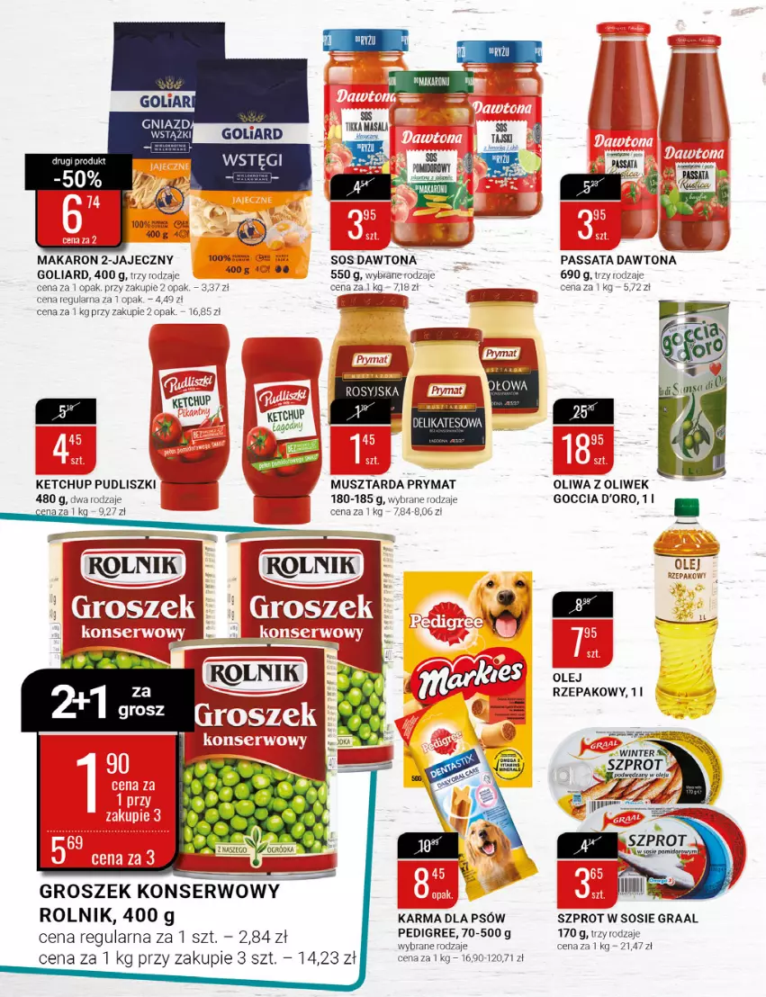 Gazetka promocyjna Bi1 - Uwolnij turbo moc - ważna 16.03 do 22.03.2022 - strona 10 - produkty: Dawtona, Goliard, Gra, Graal, Groszek, Ketchup, Makaron, Mus, Musztarda, Olej, Olej rzepakowy, Oliwa z oliwek, Pedigree, Prymat, Pudliszki, Rolnik, Ser, Sos, Szprot, Szprot w sosie