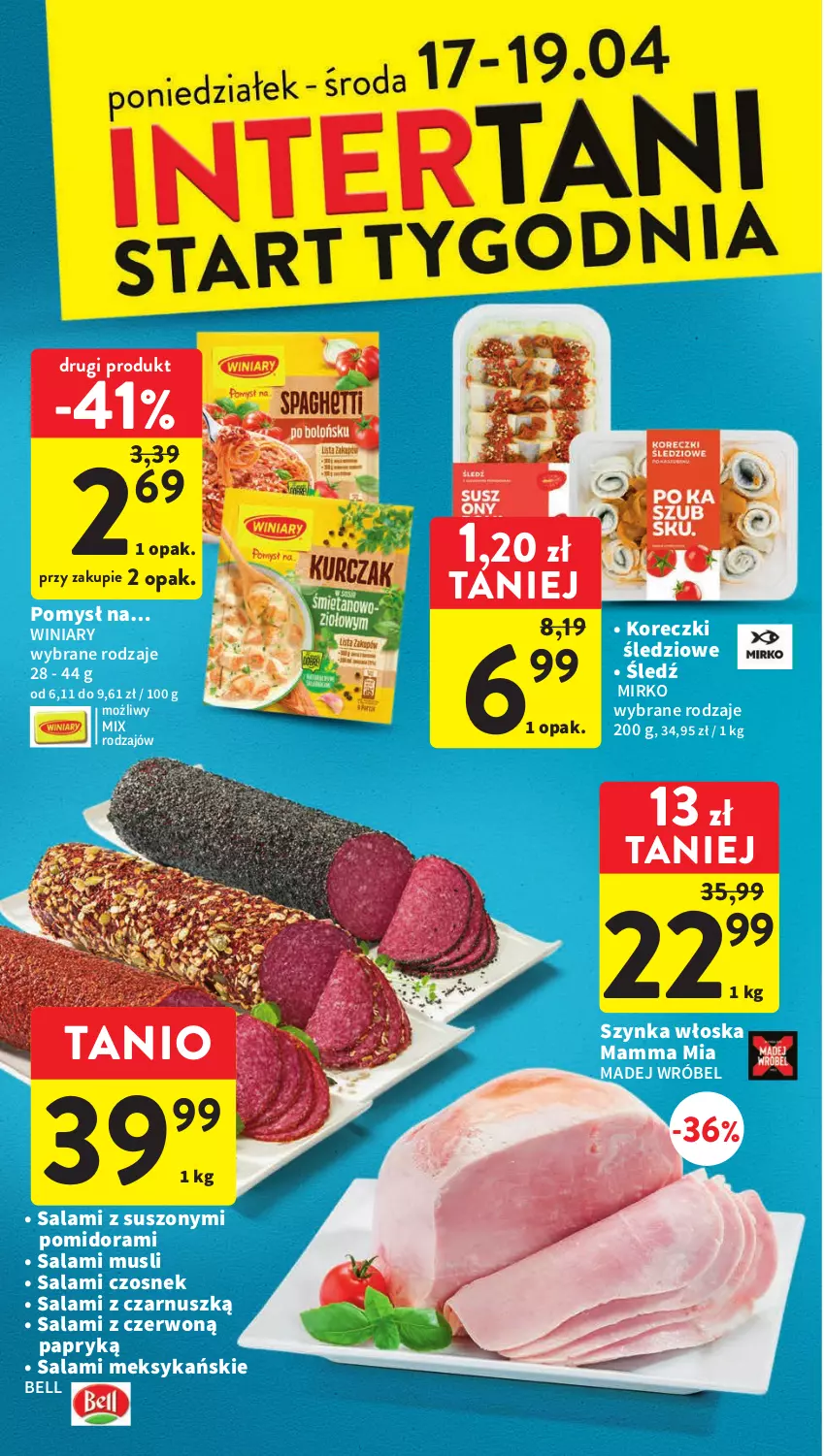 Gazetka promocyjna Intermarche - Gazetka Intermarche - ważna 12.04 do 19.04.2023 - strona 30 - produkty: Bell, Czosnek, Koreczki śledziowe, Madej Wróbel, Mus, Salami, Szynka, Winiary