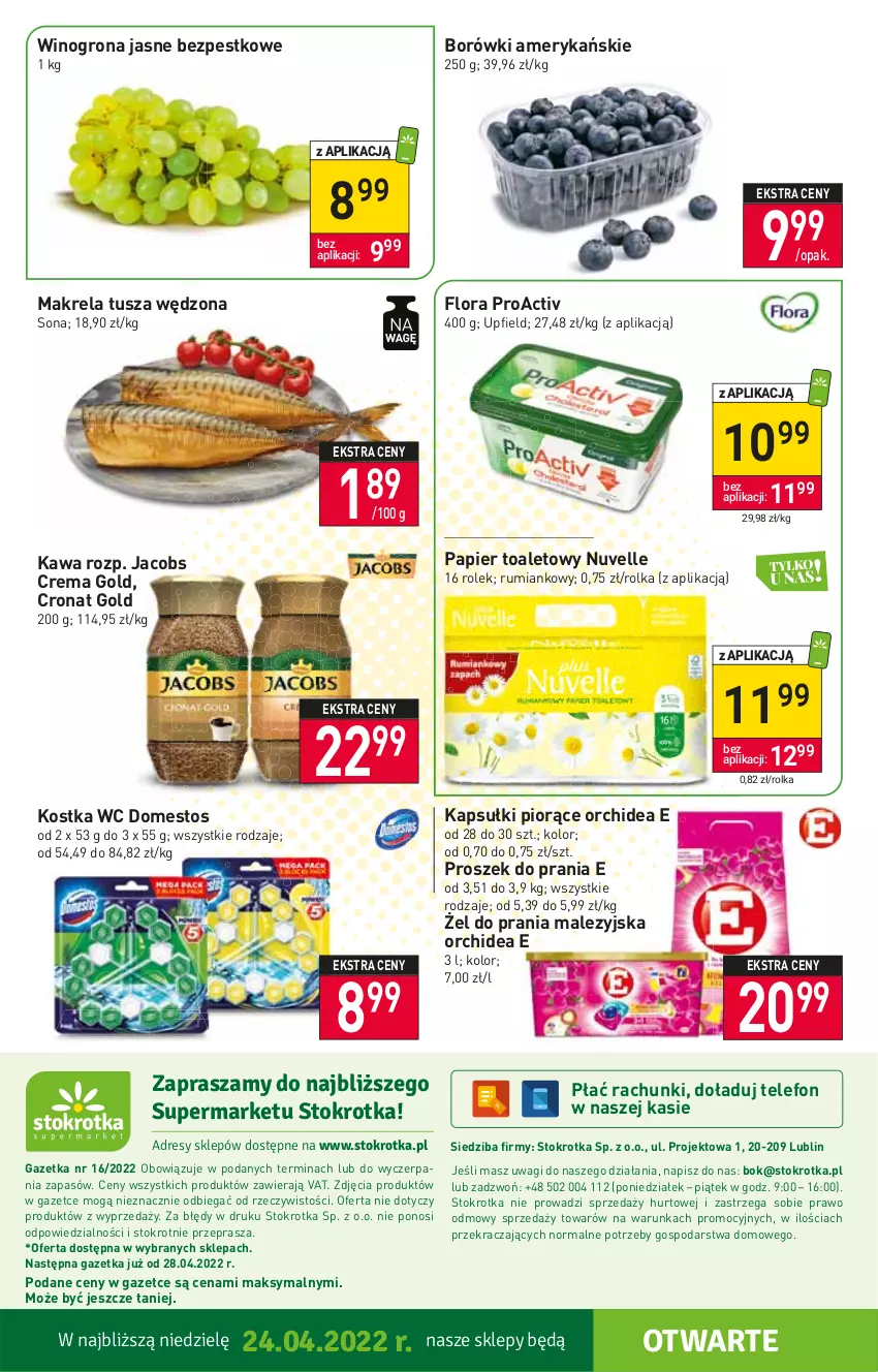 Gazetka promocyjna Stokrotka - Supermarket - ważna 21.04 do 27.04.2022 - strona 16 - produkty: Domestos, Flora, Jacobs, Kawa, O nas, Papier, Papier toaletowy, Proszek do prania, Rum, Telefon, Tusz, Wagi, Wino, Winogrona