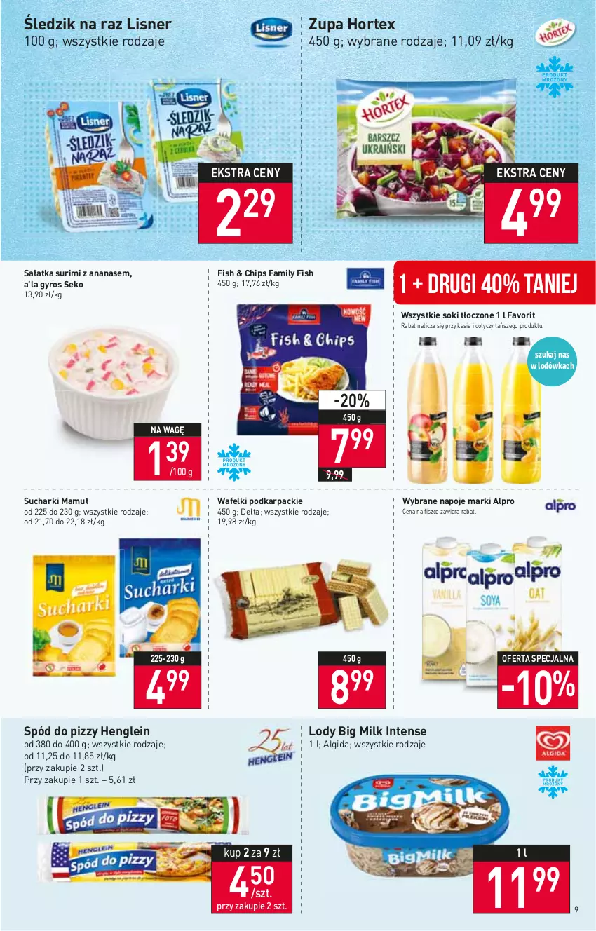 Gazetka promocyjna Stokrotka - Supermarket - ważna 21.04 do 27.04.2022 - strona 9 - produkty: Algida, Alpro, Ananas, Big Milk, Fa, Gyros, Hortex, Karp, LG, Lisner, Lody, Napoje, Sałat, Sałatka, SEKO, Sok, Spód do pizzy, Surimi, Zupa