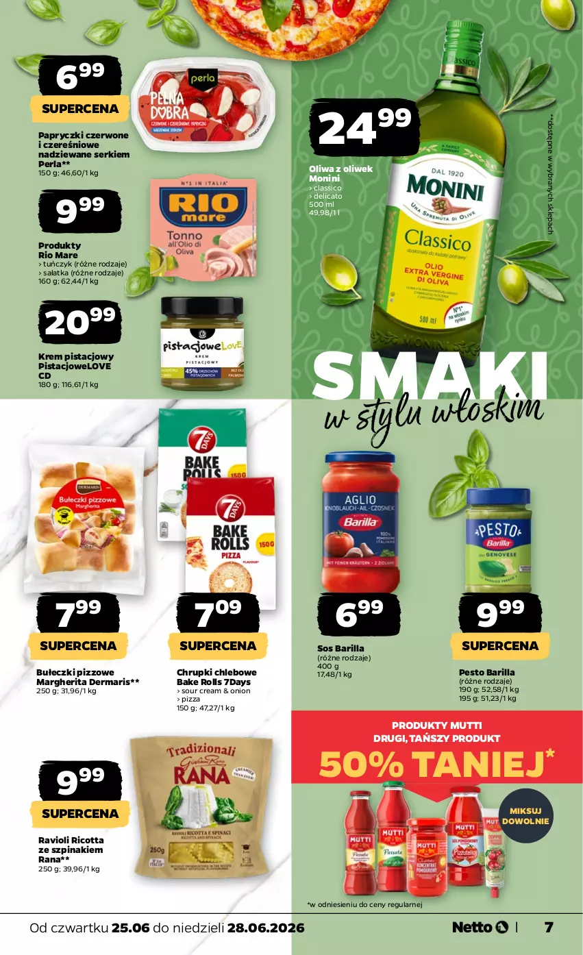 Gazetka promocyjna Netto - Od Czwartku - ważna 25.06 do 28.06.2026 - strona 7 - produkty: Bake Rolls, Barilla, Bułeczki, Chleb, Chrupki, Chrupki chlebowe, Krem pistacjowy, Monini, Oliwa, Oliwa z oliwek, Pesto, Pizza, Ricotta, Rio Mare, Sałat, Sałatka, Ser, Sos, Szpinak, Tuńczyk