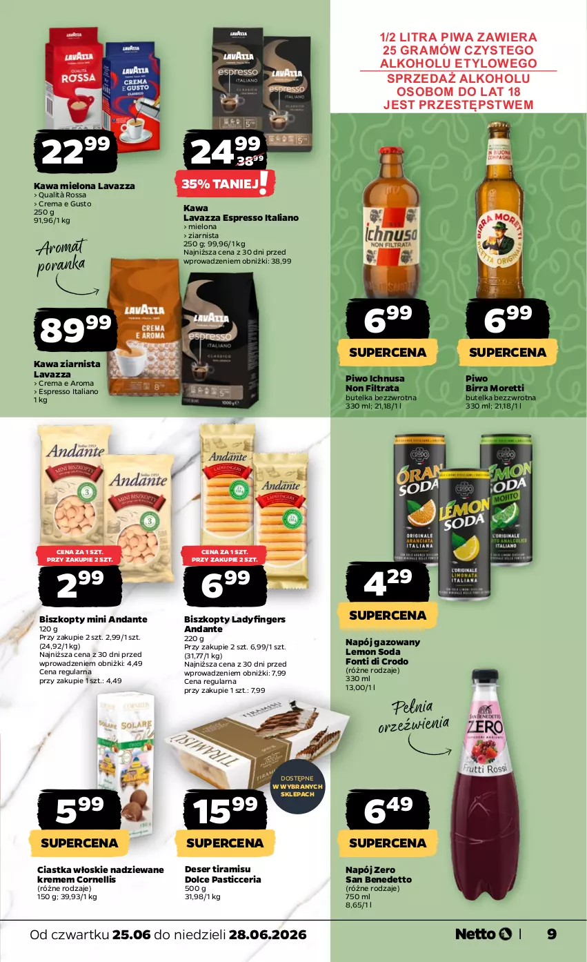 Gazetka promocyjna Netto - Od Czwartku - ważna 25.06 do 28.06.2026 - strona 9 - produkty: Biszkopty, Ciastka, Deser, Gra, Kawa, Kawa mielona, Kawa ziarnista, Lavazza, Napój, Napój gazowany, Piwa, Piwo, Por, Ser