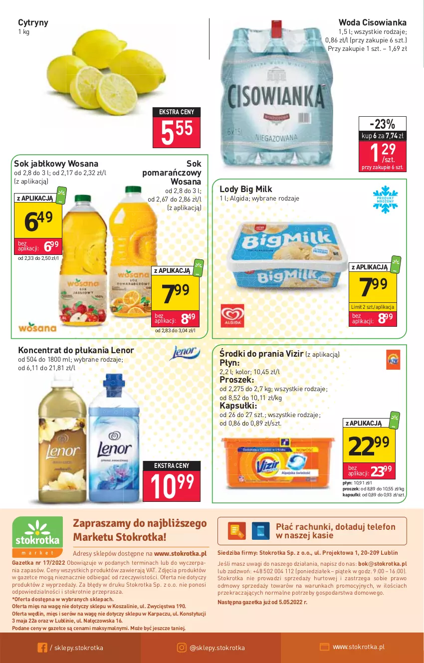 Gazetka promocyjna Stokrotka - Market - ważna 28.04 do 04.05.2022 - strona 12 - produkty: Algida, Big Milk, Cisowianka, Cytryny, Karp, Kosz, Lenor, LG, Lody, O nas, Ser, Sok, Sok jabłkowy, Sok pomarańczowy, Szal, Telefon, Vizir, Wagi, Woda, Wosana