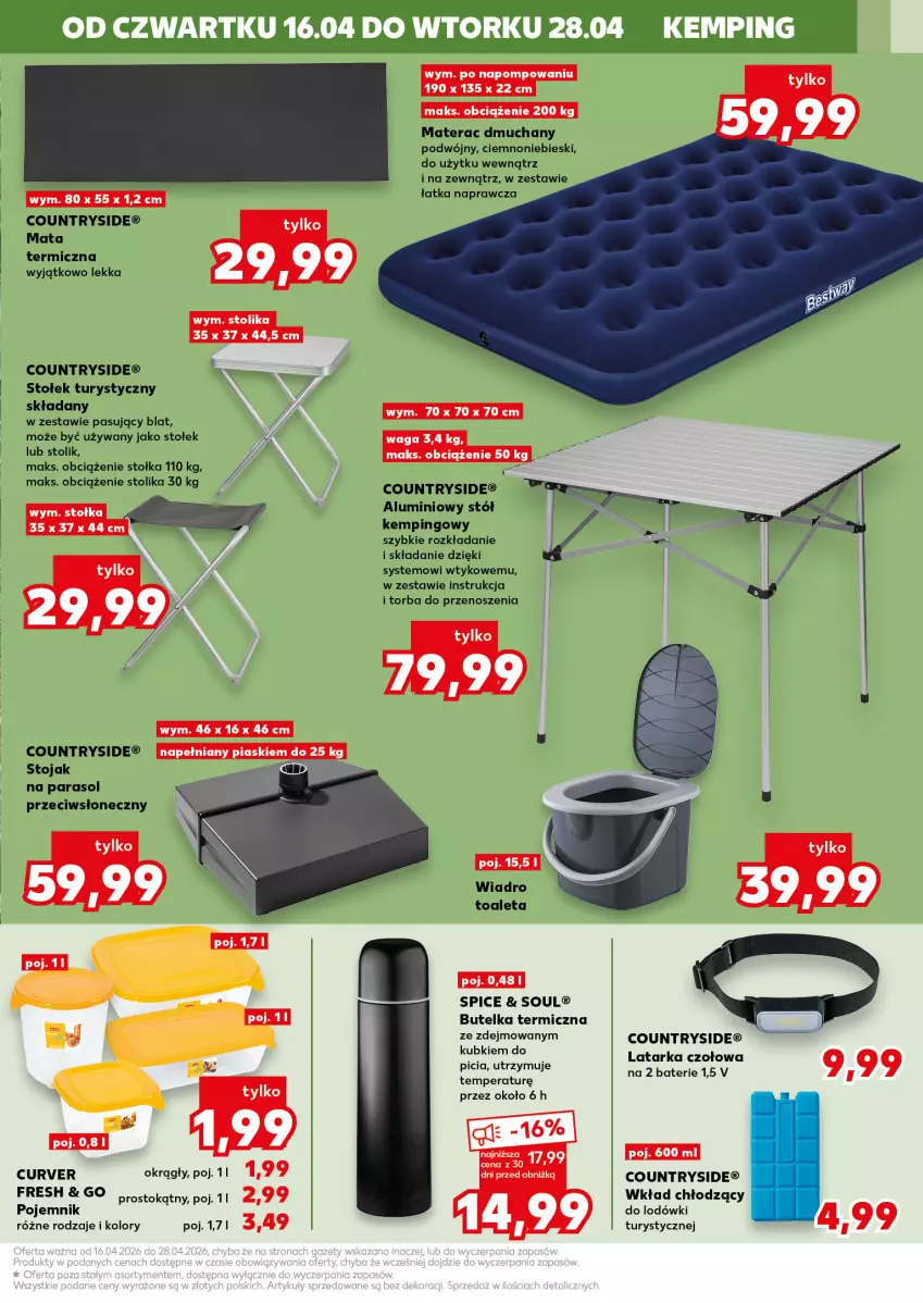 Gazetka promocyjna Kaufland - Kaufland - ważna 16.04 do 28.04.2026 - strona 13 - produkty: Latarka, Latarka czołowa, Materac, Materac dmuchany, Parasol, Pojemnik, Stojak, Stół, Stołek, Stolik, Tarka, Tera, Torba, Wiadro