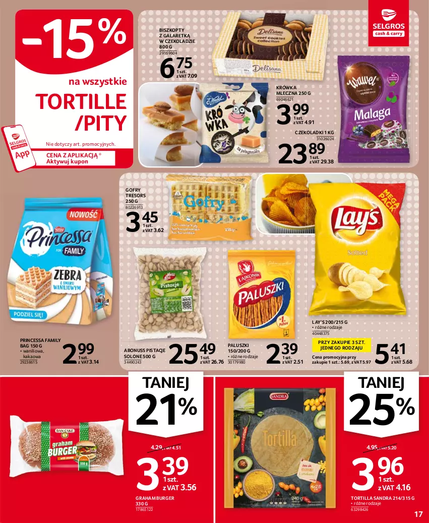 Gazetka promocyjna Selgros - Oferta spożywcza - ważna 24.06 do 07.07.2021 - strona 17 - produkty: Biszkopty, Burger, Fa, Gala, Gofry, Gra, Kakao, Lay’s, Pistacje, Princessa, Tortilla