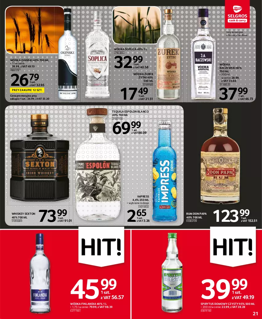 Gazetka promocyjna Selgros - Oferta spożywcza - ważna 24.06 do 07.07.2021 - strona 21 - produkty: Finlandia, Ogiński, Rum, Soplica, Tequila, Whiskey, Wódka