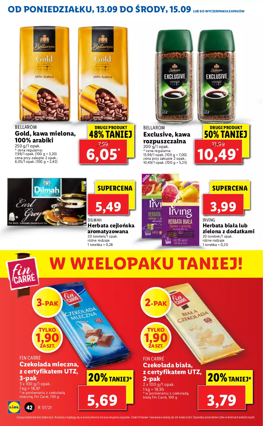 Gazetka promocyjna Lidl - GAZETKA - ważna 13.09 do 15.09.2021 - strona 42 - produkty: Bell, Bella, Czekolada, Czekolada mleczna, Dilmah, Herbata, Irving, Kawa, Kawa mielona, Kawa rozpuszczalna, Por, Torebka