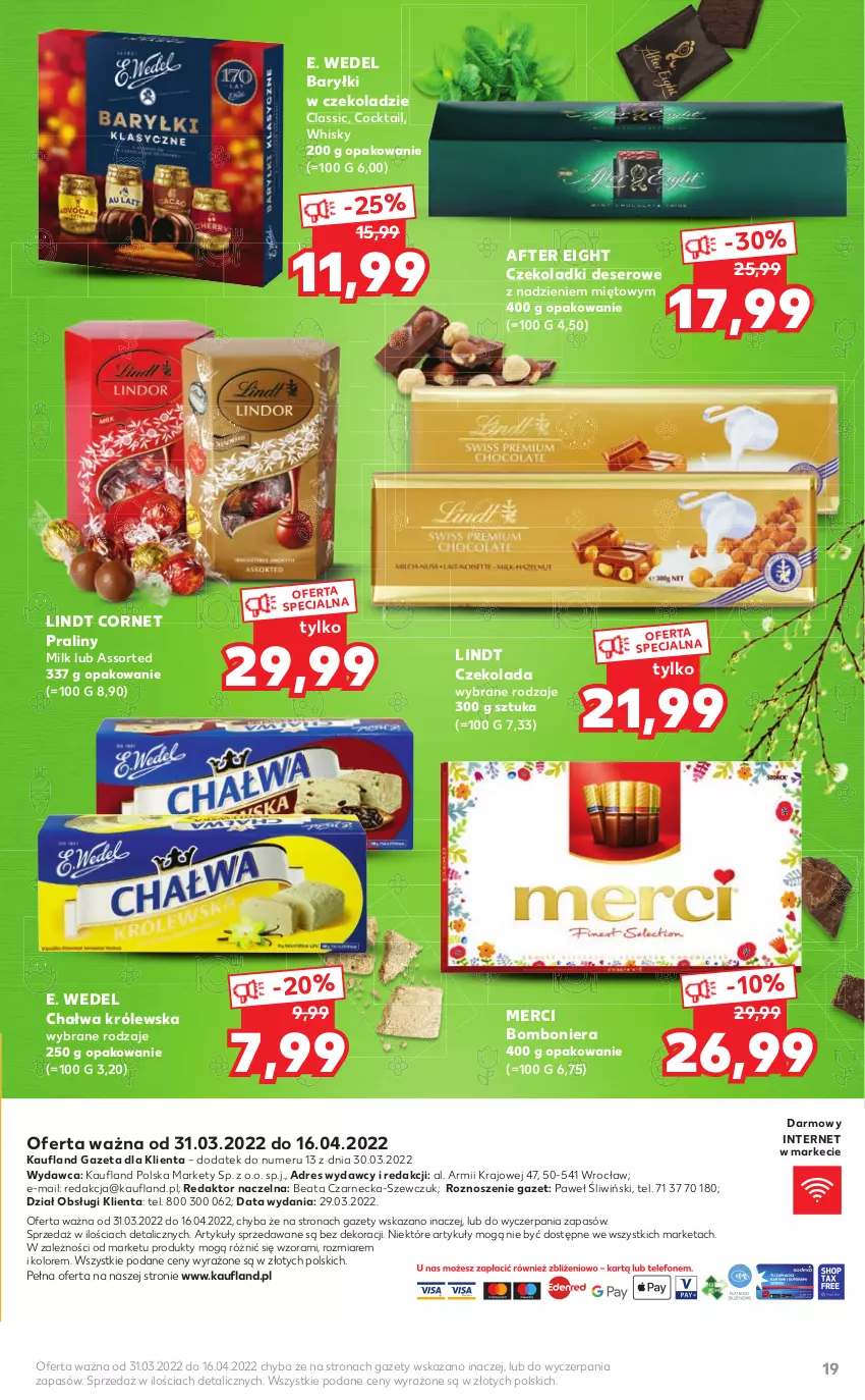 Gazetka promocyjna Kaufland - Katalog specjalny - ważna 31.03 do 16.04.2022 - strona 19 - produkty: Baryłki, Bomboniera, Chałwa, Czekolada, Deser, Dres, E. Wedel, Lindt, Lody, Merci, Praliny, Ser, Whisky