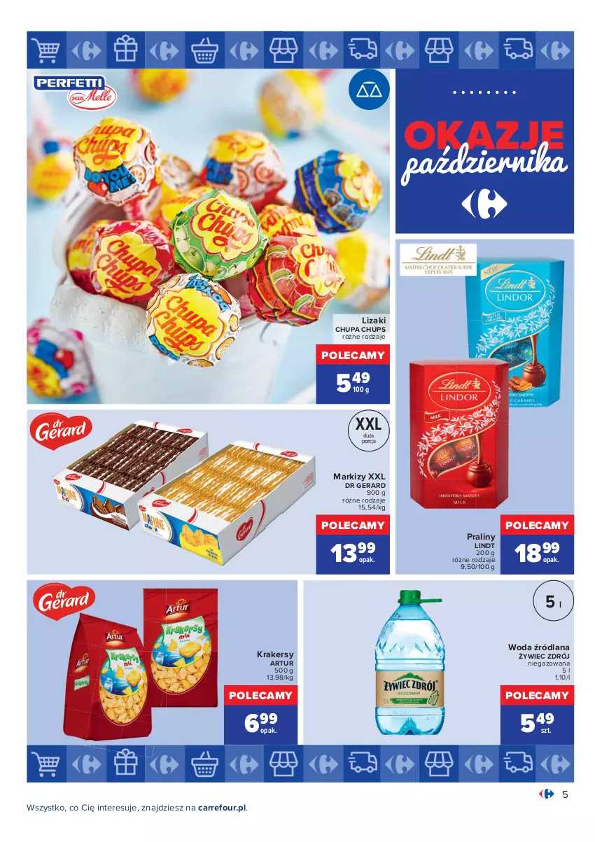 Gazetka promocyjna Carrefour - Gazetka Okazje października - ważna 01.10 do 30.10.2021 - strona 5 - produkty: Artur, Chupa Chups, Dr Gerard, Krakersy, LANA, Lindt, Lizaki, Por, Praliny, Woda