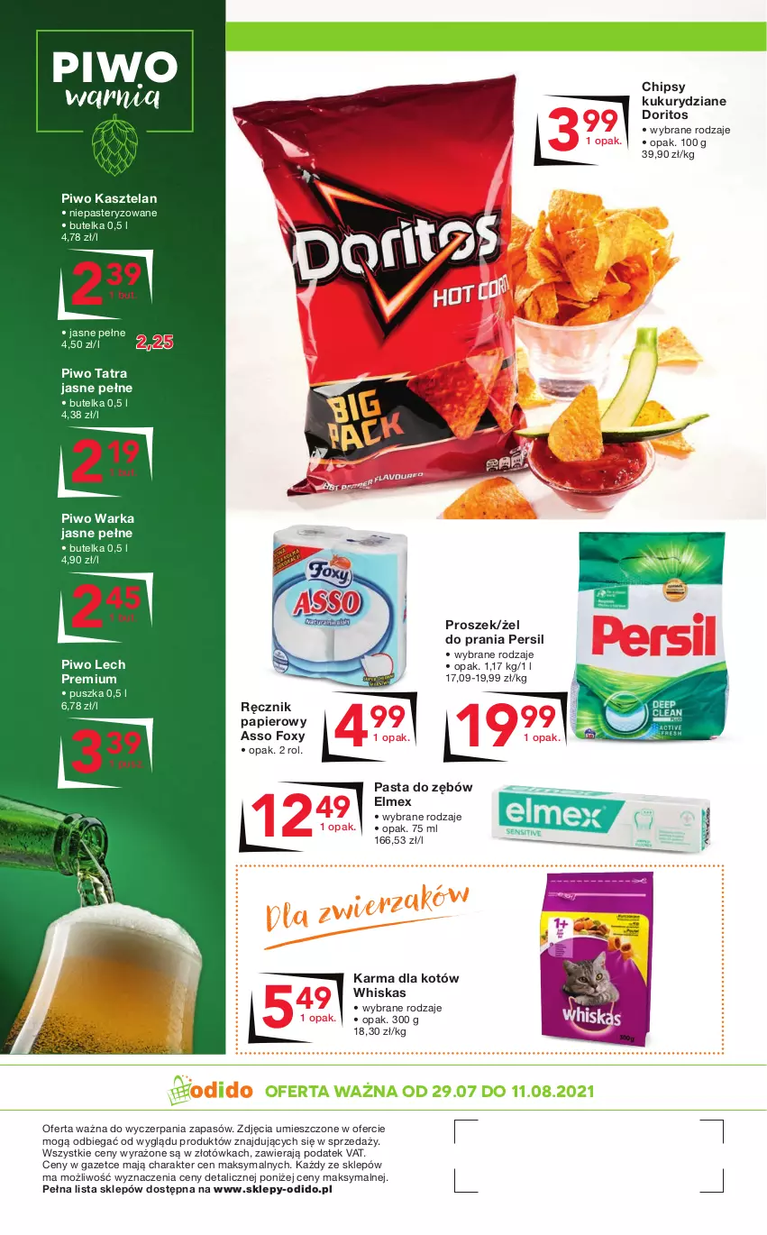 Gazetka promocyjna Odido - Gazetka - ważna 29.07 do 11.08.2022 - strona 8 - produkty: Chipsy, Elmex, Foxy, Kasztelan, Lech Premium, Papier, Pasta do zębów, Persil, Piwo, Ręcznik, Tatra, Warka, Whiskas