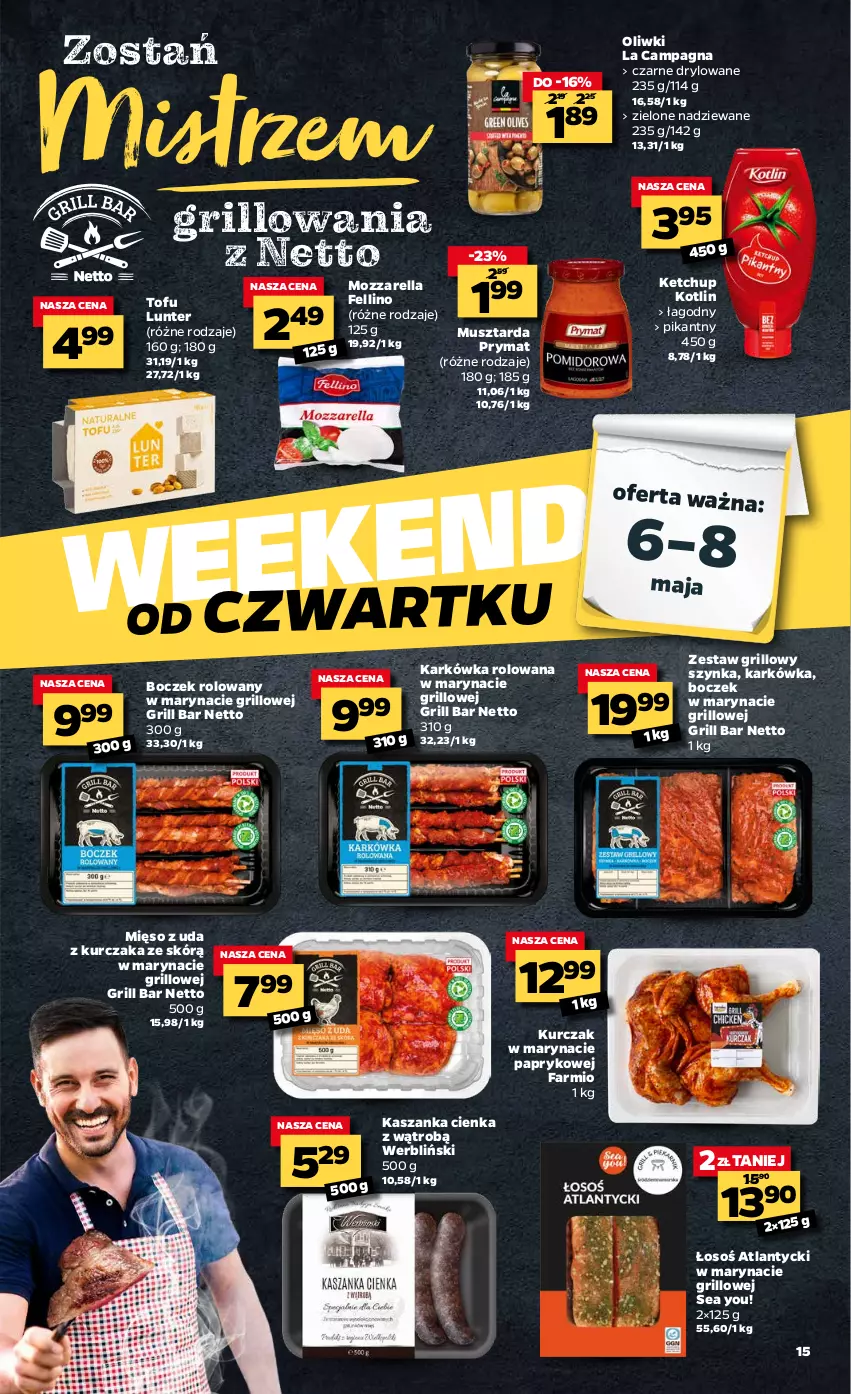 Gazetka promocyjna Netto - Oferta tygodnia - ważna 04.05 do 08.05.2021 - strona 15 - produkty: Boczek, Fa, Grill, Kasza, Kaszanka, Ketchup, Kotlin, Kurczak, Mięso, Mozzarella, Mus, Musztarda, O nas, Oliwki, Prymat, Szynka, Tofu