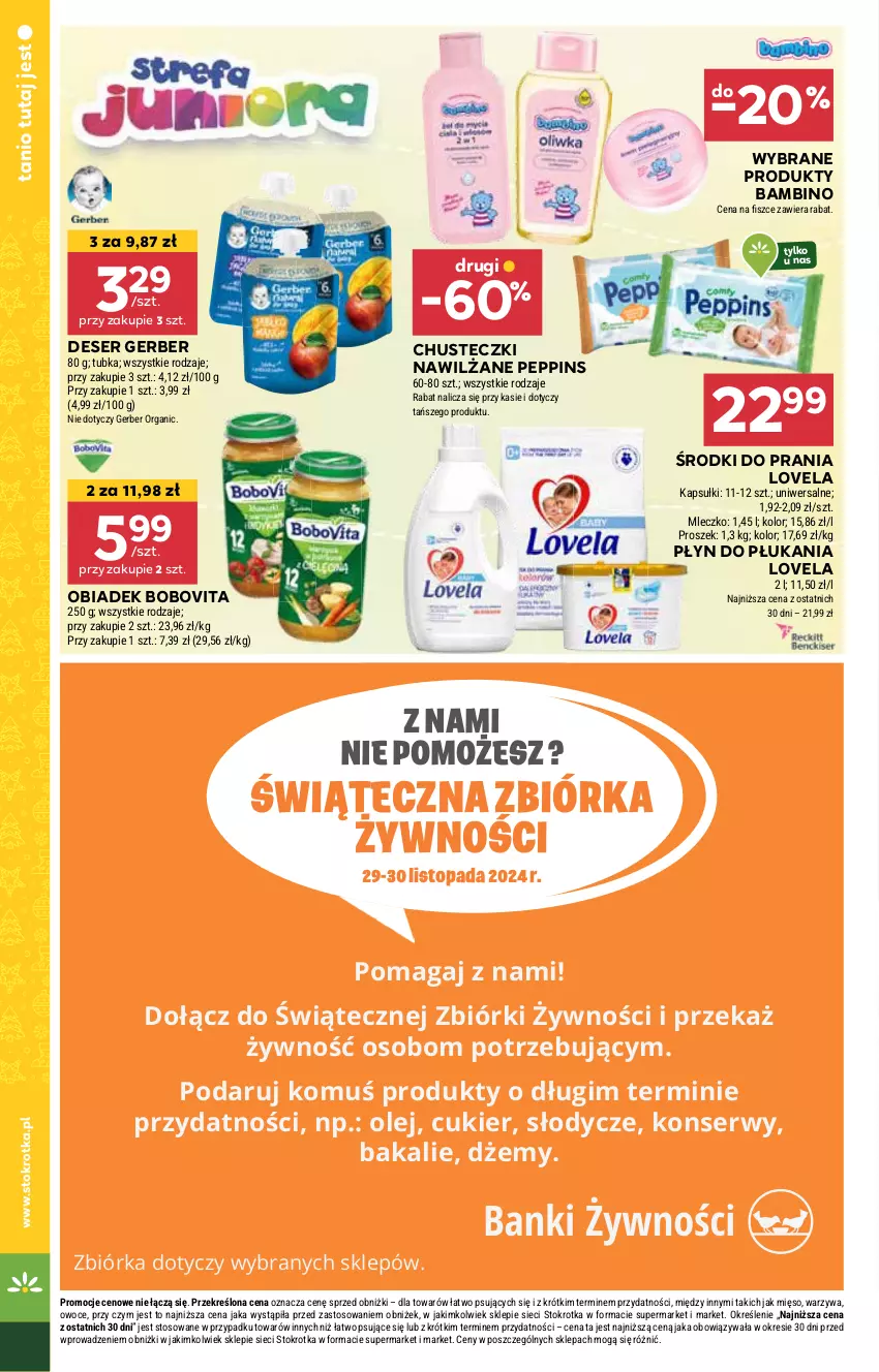 Gazetka promocyjna Stokrotka - Supermarket - ważna 21.11 do 27.11.2024 - strona 14 - produkty: BoboVita, Chusteczki, Cukier, Deser, Dżem, Gerber, Lovela, Mięso, Olej, Owoce, Płyn do płukania, Ser, Top, Warzywa