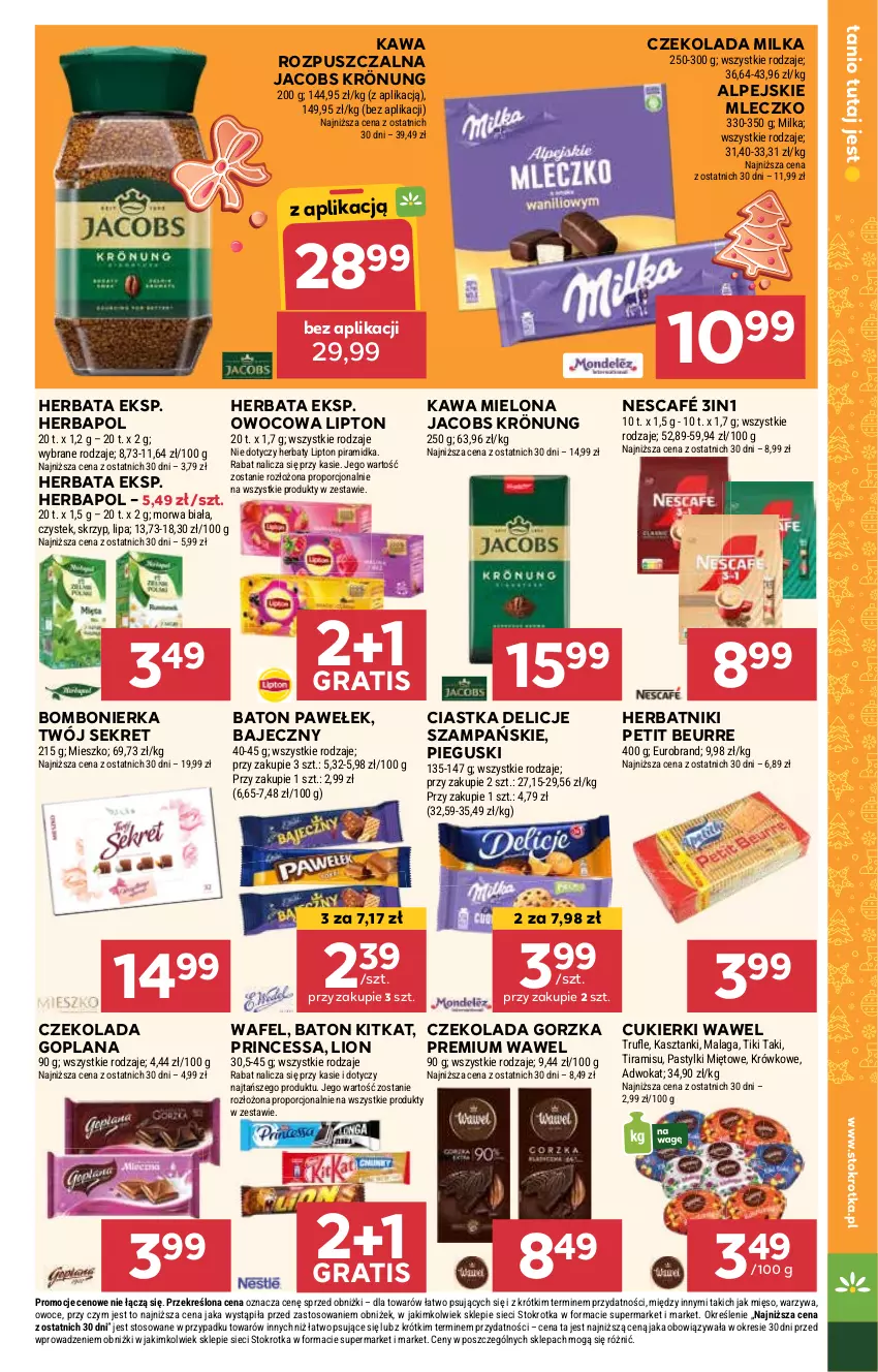 Gazetka promocyjna Stokrotka - Supermarket - ważna 21.11 do 27.11.2024 - strona 17 - produkty: Baton, Ciastka, Cukier, Cukierki, Czekolada, Czekolada gorzka, Delicje, Goplana, Gra, Herbapol, Herbata, Herbatniki, Herbatniki Petit Beurre, Jacobs, Jacobs Krönung, Kawa, Kawa mielona, Kawa rozpuszczalna, Kret, LANA, Lion, Lipton, Mięso, Milka, Mleczko, Nescafé, Owoce, Por, Princessa, Stek, Warzywa, Wawel