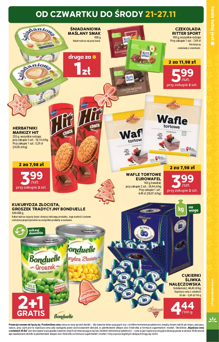 Gazetka promocyjna Stokrotka - Supermarket - ważna 21.11 do 27.11.2024 - strona 3 - produkty: Bonduelle, Cukier, Cukierki, Czekolada, Danio, Gra, Groszek, Herbatniki, Kukurydza, Mięso, Owoce, Por, Ritter Sport, Sport, Wafle, Wafle tortowe, Warzywa