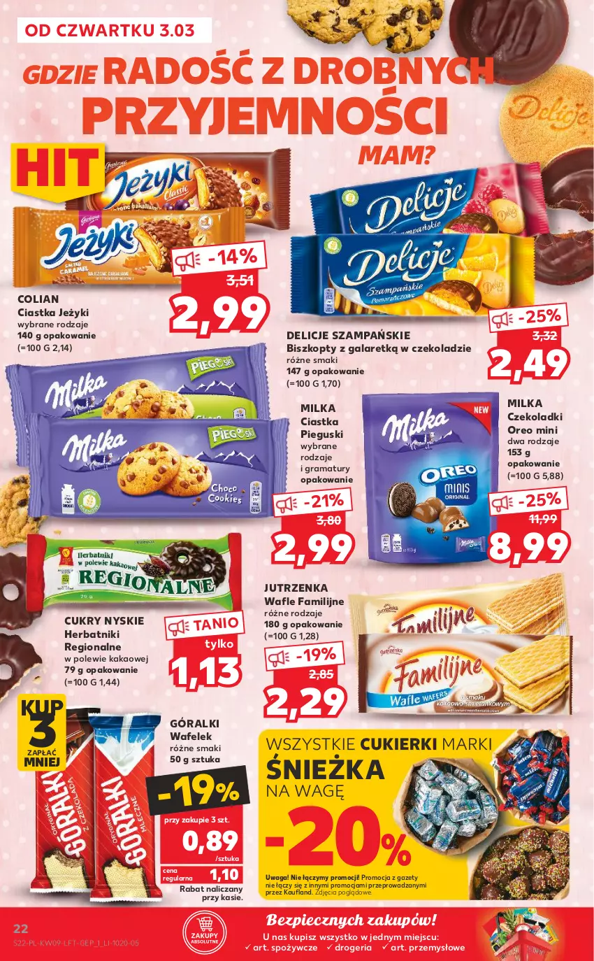 Gazetka promocyjna Kaufland - OFERTA TYGODNIA - ważna 03.03 do 09.03.2022 - strona 22 - produkty: Biszkopty, Ciastka, Cukier, Cukierki, Delicje, Fa, Gala, Góralki, Gra, Herbatniki, Jeżyki, Jutrzenka, Kakao, Milka, Oreo, Piec, Rama, Wafelek, Wafle, Waga