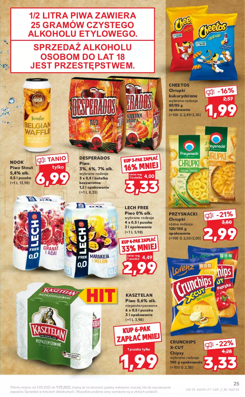 Gazetka promocyjna Kaufland - OFERTA TYGODNIA - ważna 03.03 do 09.03.2022 - strona 25 - produkty: Cheetos, Chipsy, Chrupki, Crunchips, Desperados, Gra, Kasztelan, Piwa, Piwo, Przysnacki