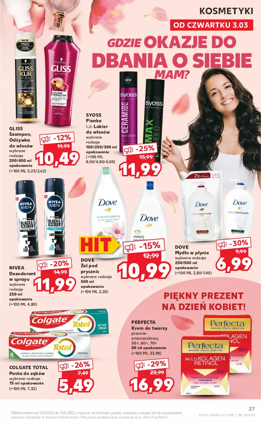 Gazetka promocyjna Kaufland - OFERTA TYGODNIA - ważna 03.03 do 09.03.2022 - strona 27 - produkty: Colgate, Colgate Total, Dezodorant, Dove, Krem do twarzy, Lakier, Lakier do włosów, LG, Mars, Mydło, Mydło w płynie, Nivea, Odżywka, Pasta do zębów, Perfecta, Syoss, Szampon