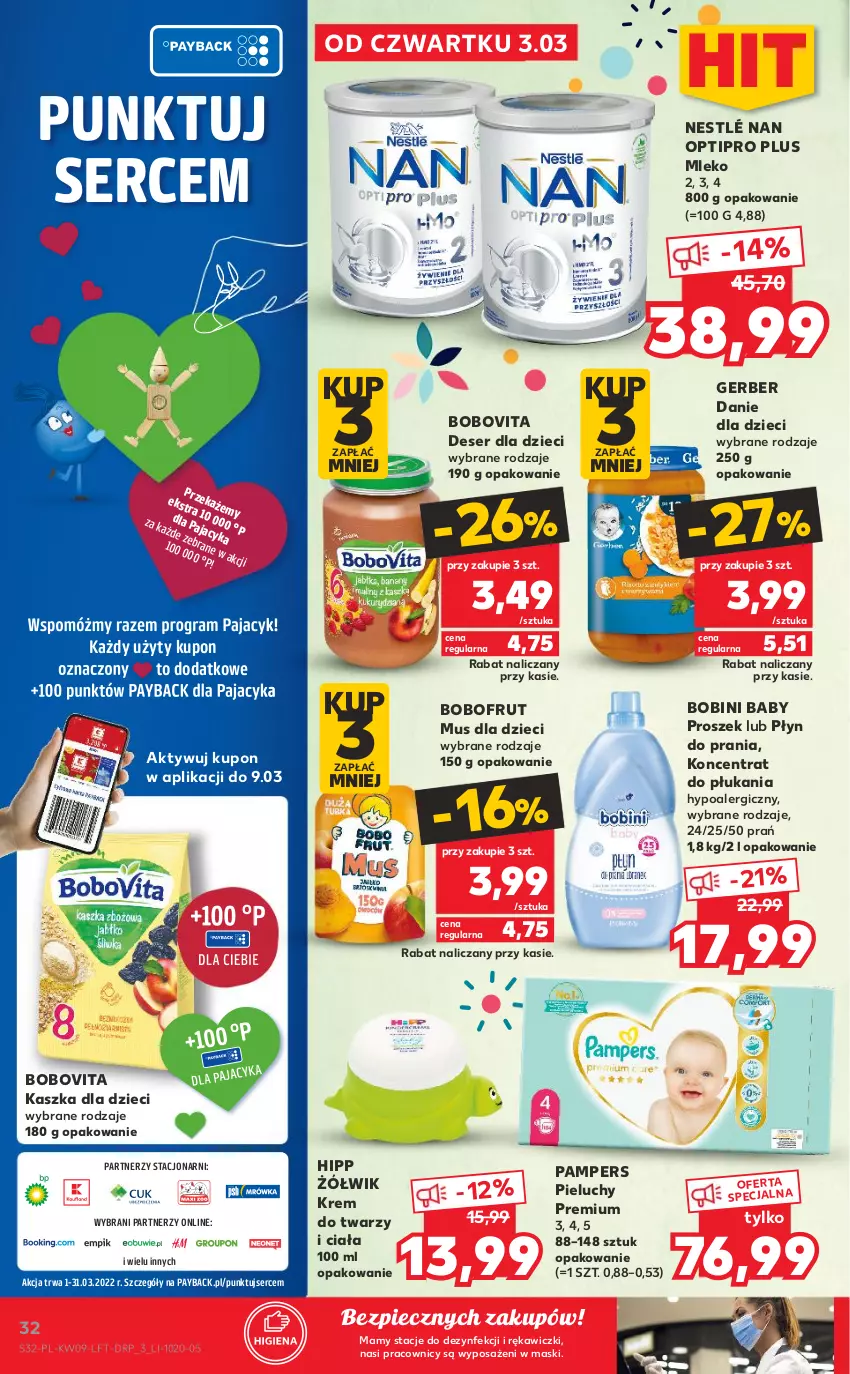 Gazetka promocyjna Kaufland - OFERTA TYGODNIA - ważna 03.03 do 09.03.2022 - strona 32 - produkty: Bobofrut, BoboVita, Danie dla dzieci, Deser, Dzieci, Gerber, Gra, HiPP, Krem do twarzy, Mleko, Mus, NAN Optipro, Nestlé, Pajac, Pampers, Piec, Pieluchy, Płyn do prania, Ser