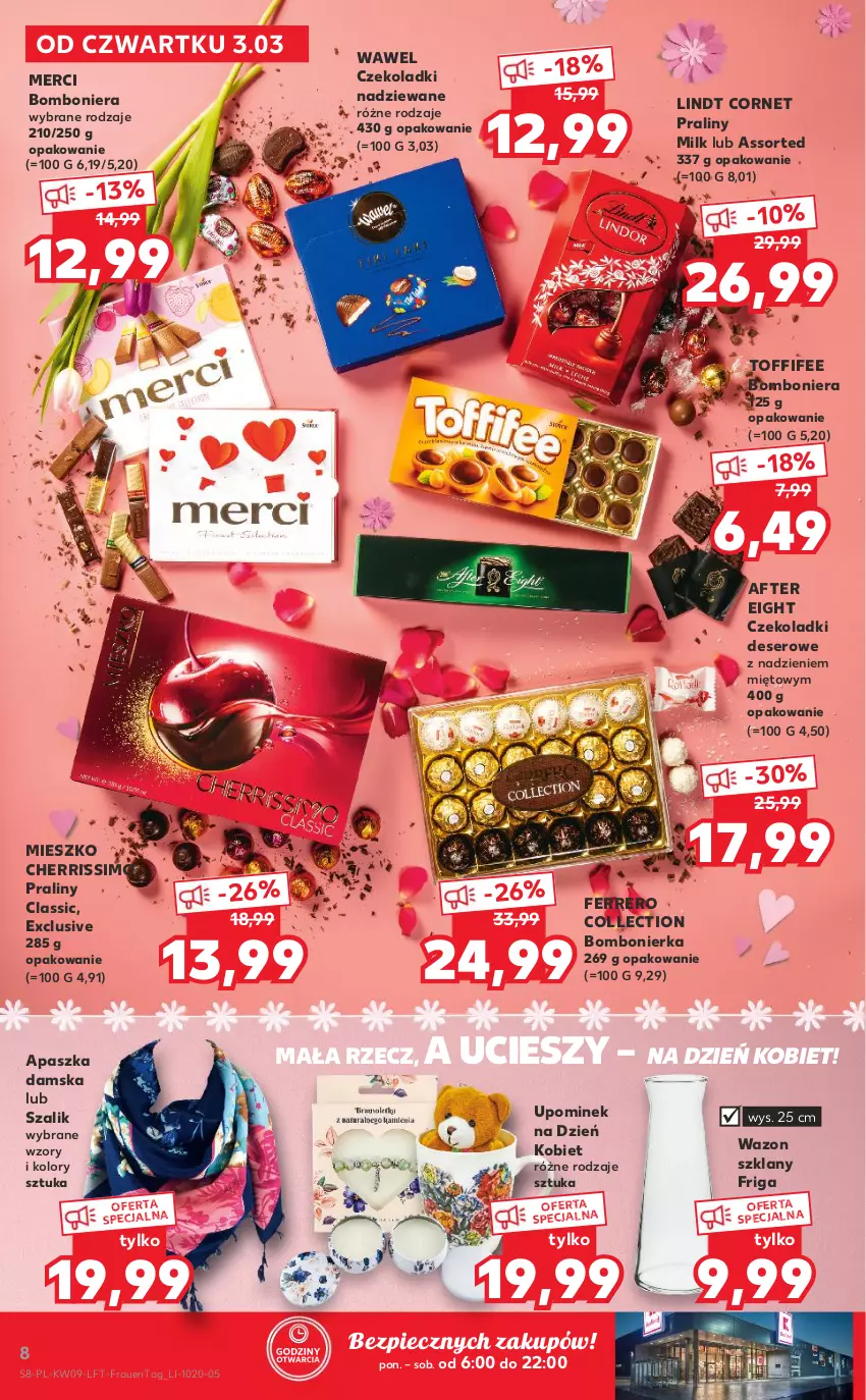 Gazetka promocyjna Kaufland - OFERTA TYGODNIA - ważna 03.03 do 09.03.2022 - strona 8 - produkty: Bomboniera, Deser, Ferrero, Lindt, Merci, Piec, Praliny, Ser, Szal, Toffifee, Wawel, Wazon