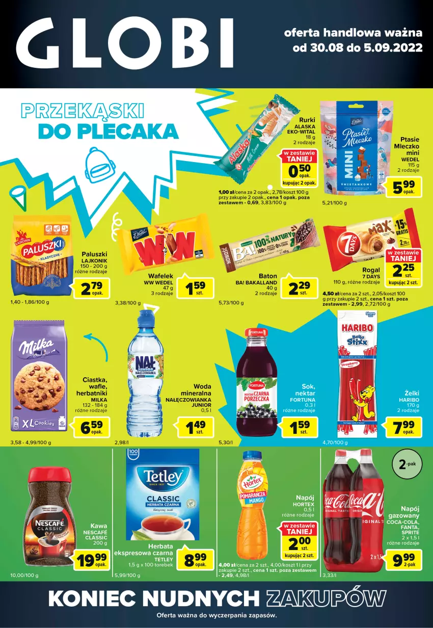 Gazetka promocyjna Carrefour - Gazetka Globi - ważna 30.08 do 05.09.2022 - strona 1 - produkty: Coca-Cola, Gin, Herbata, Hortex, Kosz, Napój, Sprite, Tetley