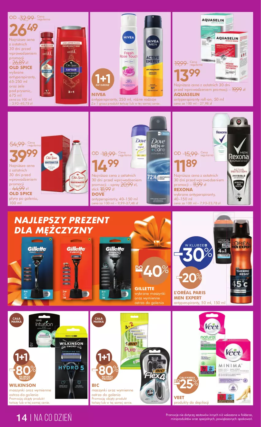 Gazetka promocyjna Super Pharm - ważna 13.12 do 26.12.2024 - strona 14 - produkty: Antyperspirant, Aquaselin, BIC, Dove, Gillette, L’Oréal, Nivea, Old Spice, Rexona, Veet