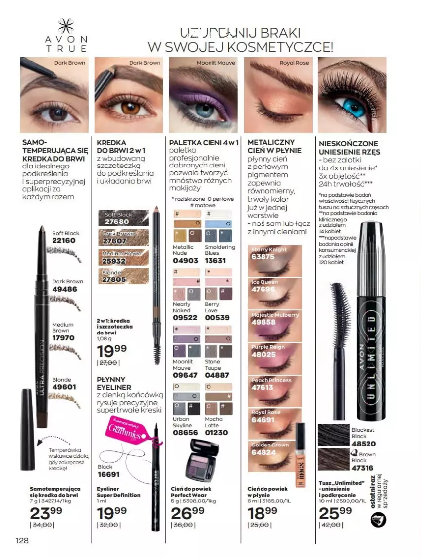 Gazetka promocyjna Avon - Katalog Avon 6/2021 kampania czerwiec - ważna 01.06 do 30.06.2021 - strona 128 - produkty: Cień, Fa, Kredka, Kredka do brwi, Lack, Makijaż, Paletka cieni, Szczoteczka, Tusz