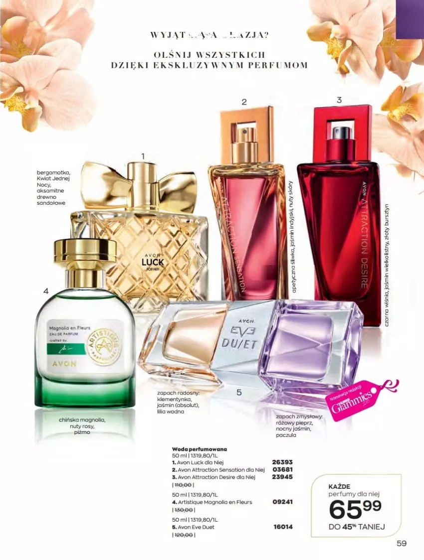 Gazetka promocyjna Avon - Katalog Avon 6/2021 kampania czerwiec - ważna 01.06 do 30.06.2021 - strona 59 - produkty: Aksam, Bursztyn, Nuty, Perfum, Sandał, Sati