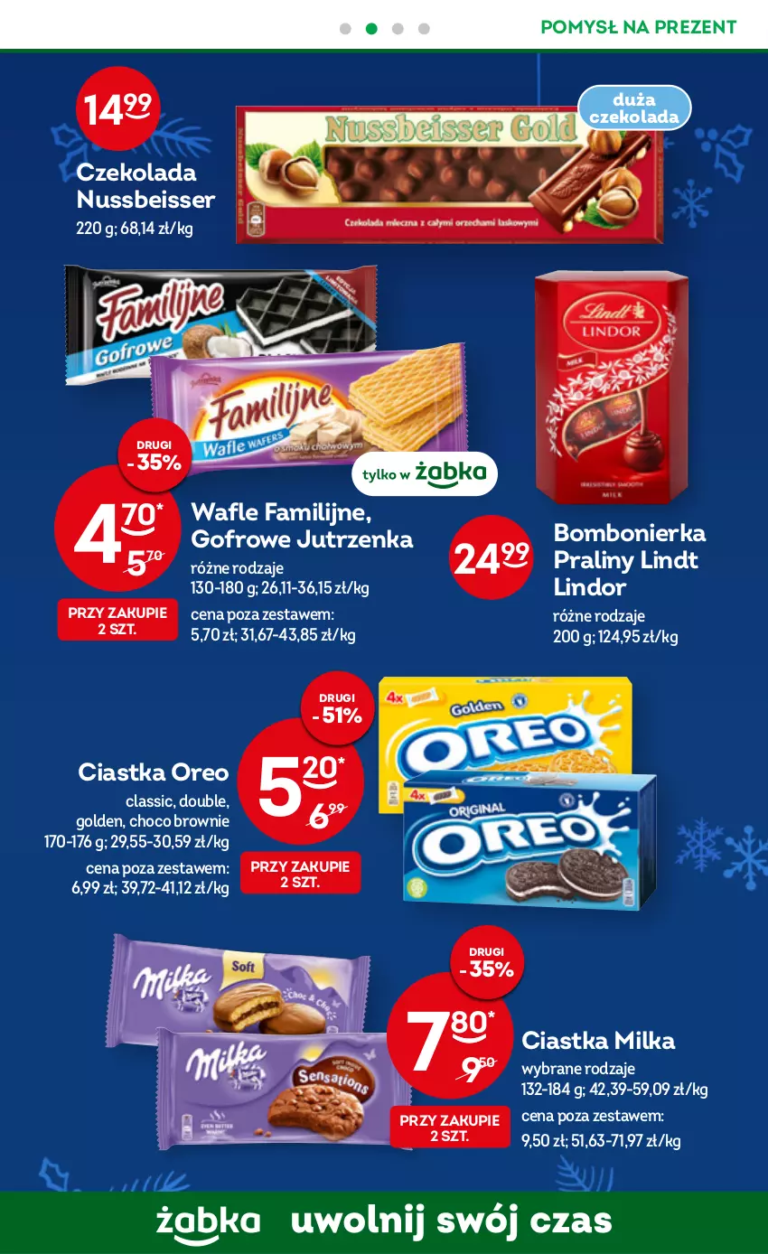 Gazetka promocyjna Żabka - ważna 28.12.2022 do 03.01.2023 - strona 23 - produkty: Brownie, Ciastka, Czekolada, Fa, Jutrzenka, Lindor, Lindt, Milka, Oreo, Praliny, Ser, Wafle