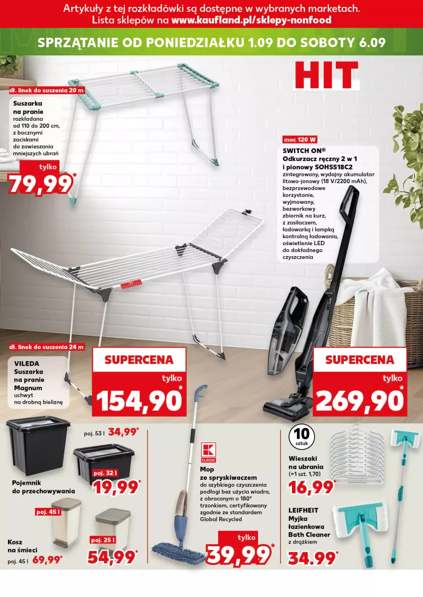 Gazetka promocyjna Kaufland - Mocny Start - ważna 01.09 do 03.09.2025 - strona 18 - produkty: Akumulator, Kosz, Mop, Odkurzacz, Pojemnik, Sprzątanie, Suszarka, Suszarka na pranie, Ubrania, Vileda, Wieszak