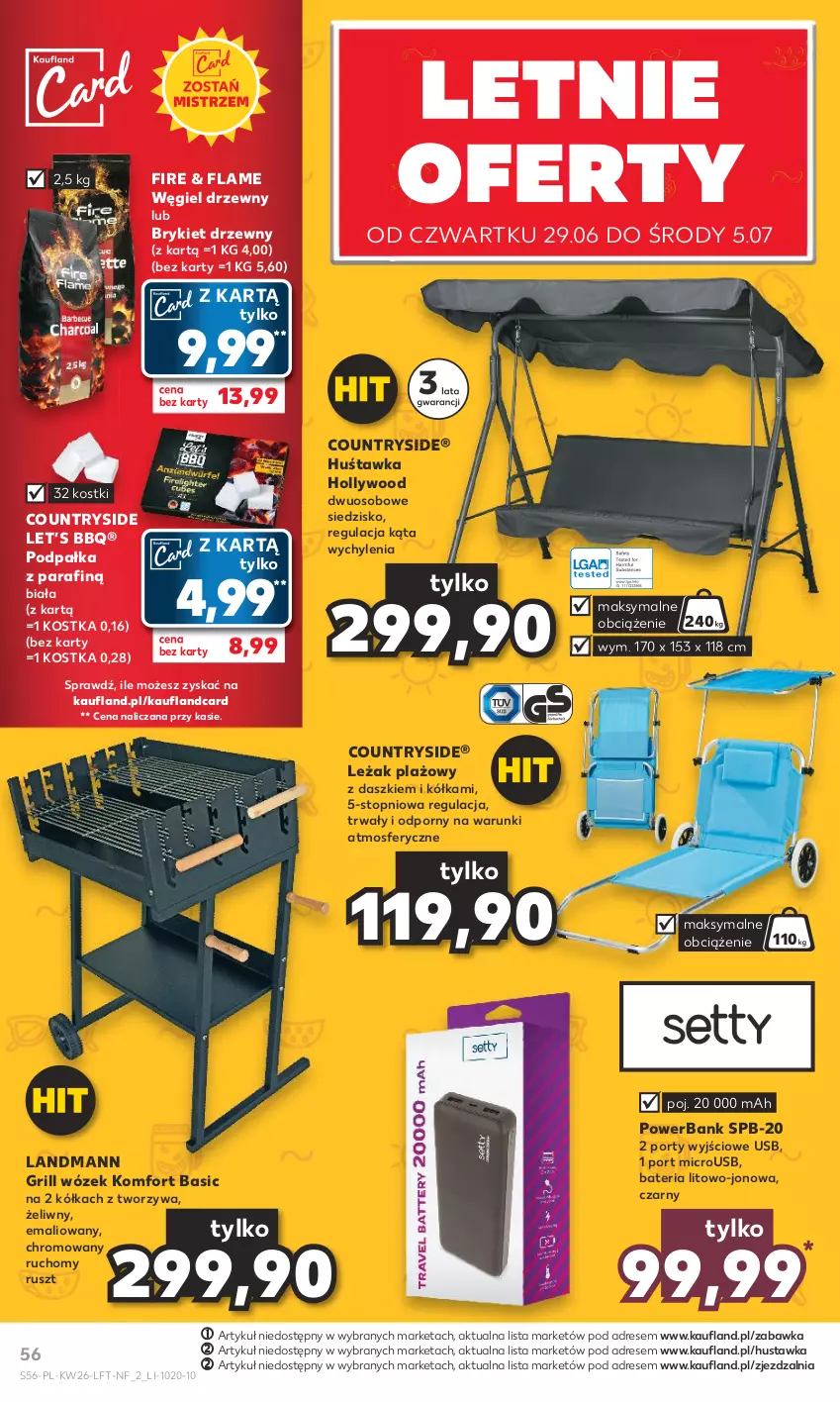 Gazetka promocyjna Kaufland - Gazetka tygodnia - ważna 29.06 do 05.07.2023 - strona 56 - produkty: Bateria, Brykiet drzewny, Dres, Grill, Huśtawka, Por, Powerbank, Siedzisko, Top, Węgiel drzewny, Wózek, Zabawka