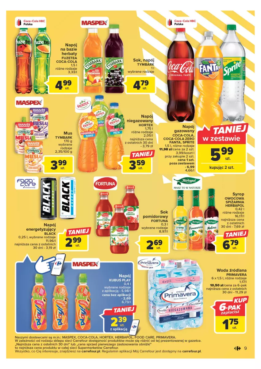 Gazetka promocyjna Carrefour - Gazetka Market - ważna 11.04 do 22.04.2023 - strona 11 - produkty: Coca-Cola, Fortuna, Herbapol, Hortex, Kosz, Kubuś, Lack, LANA, Mus, Napój, Prima, Primavera, Sok, Sok pomidorowy, Syrop, Tymbark, Woda