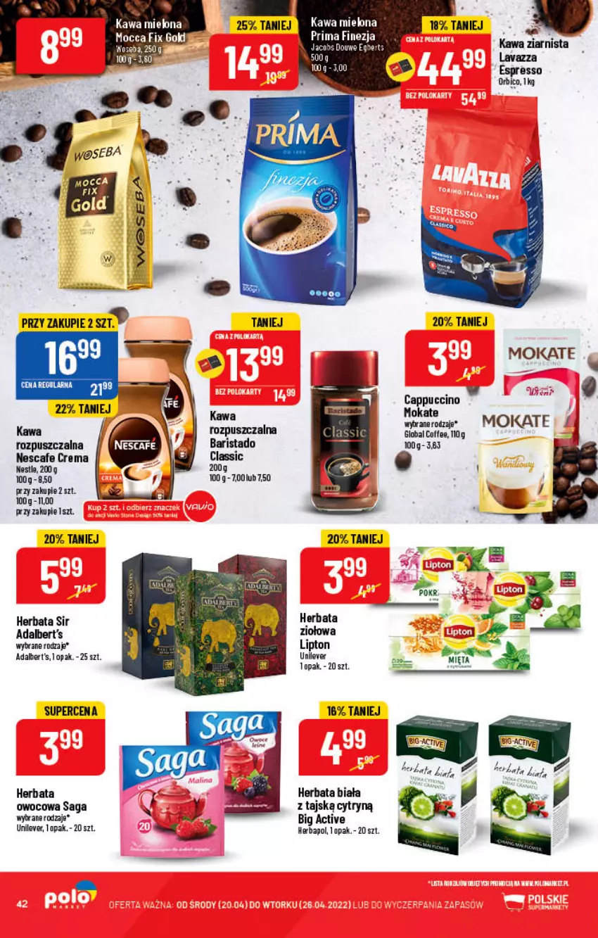 Gazetka promocyjna PoloMarket - Gazetka pomocyjna - ważna 20.04 do 26.04.2022 - strona 42 - produkty: BIC, Cappuccino, Herbapol, Herbata, Herbata owocowa, Jacobs, Kawa, Kawa mielona, Kawa rozpuszczalna, Kawa ziarnista, Lavazza, Lipton, Prima, Saga